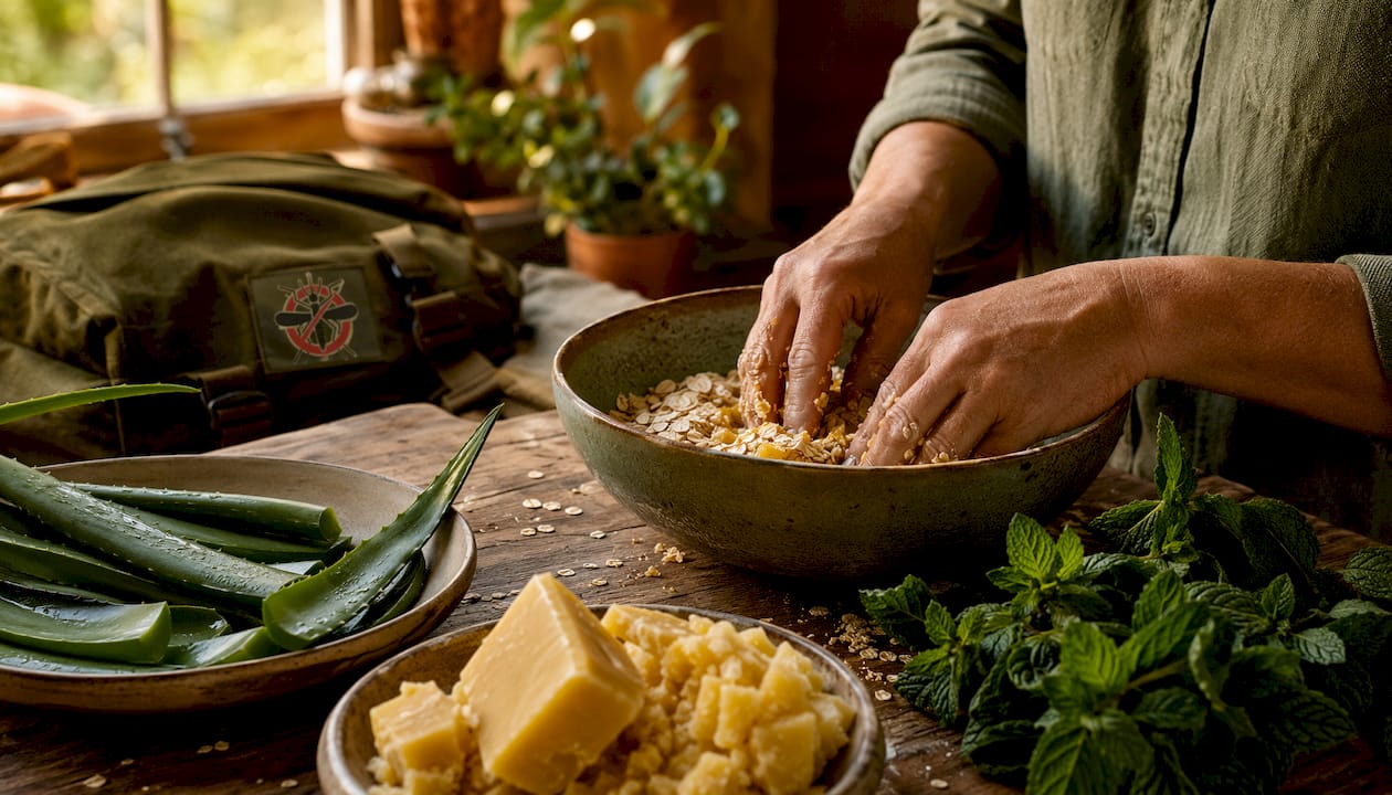 Natural balm ingredients on rustic counter