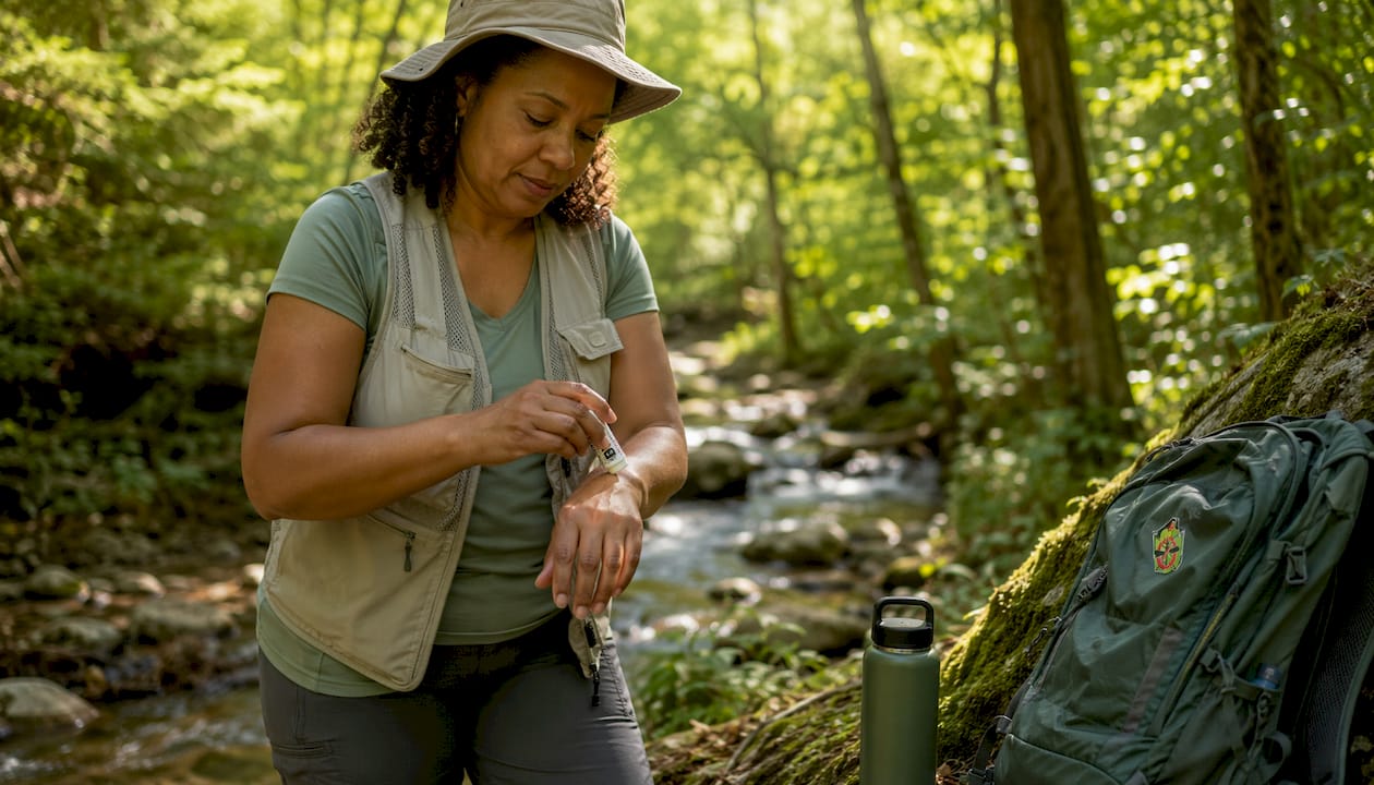 Woman applying insect bite balm outdoors