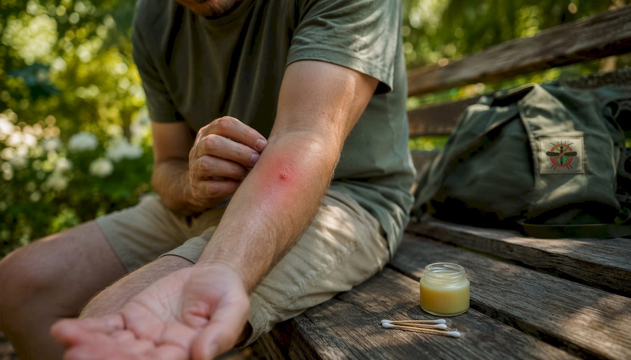 Close-up of insect bite and balm on arm