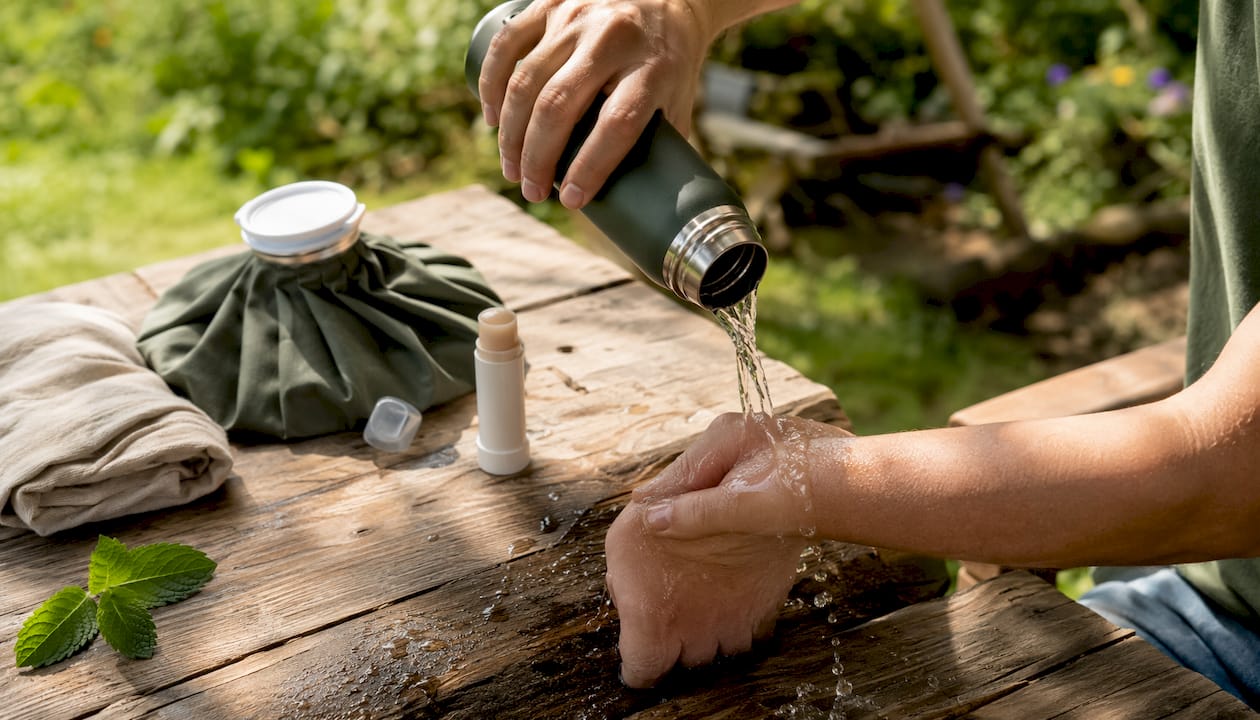 Hands washing bee sting site with cold pack nearby