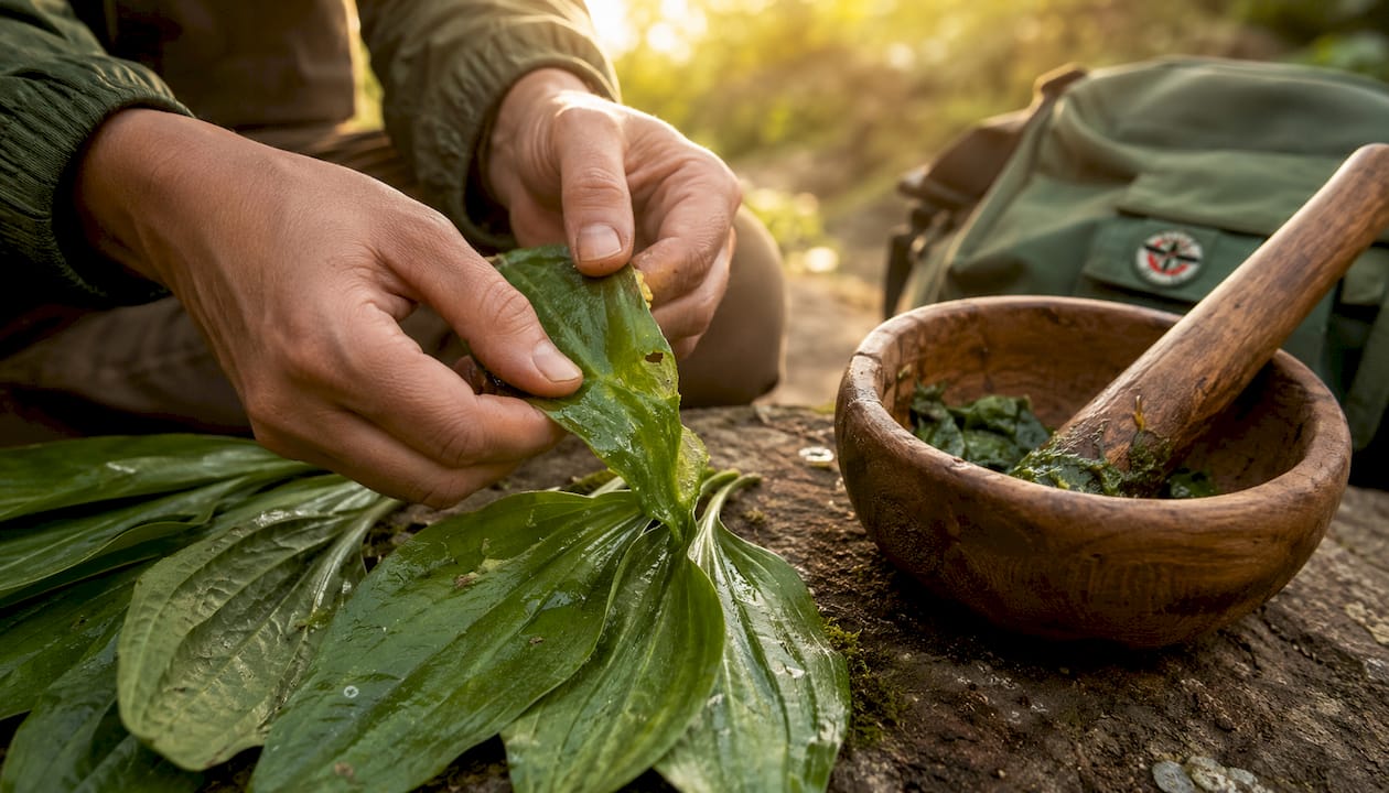 Close-up of fresh broadleaf plantain leaves on wooden table