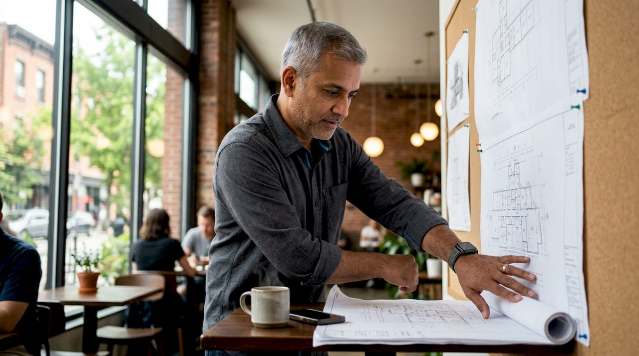 Construction manager reviewing plans in office