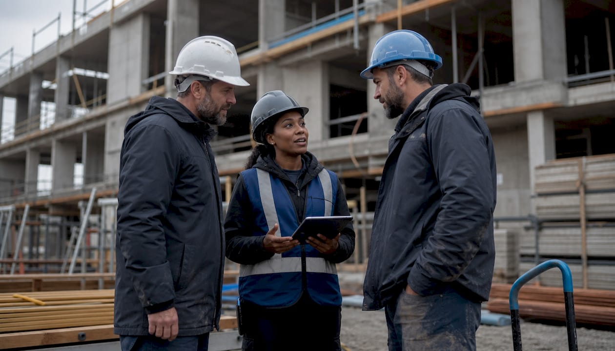 Project manager discussing on active construction site