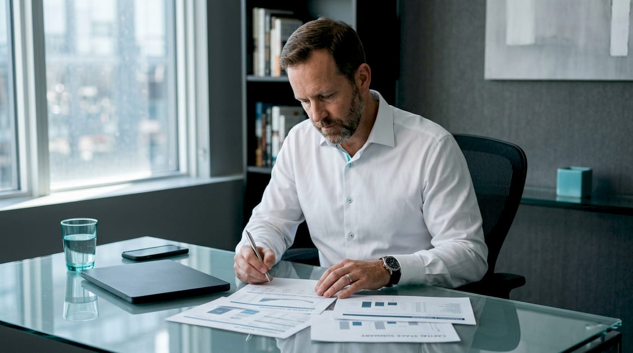 Investor reviewing financial documents closely