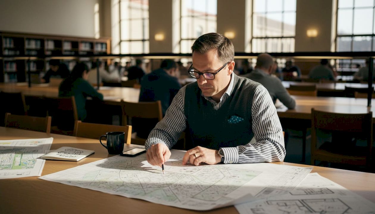 Urban planner reviewing land maps outdoors