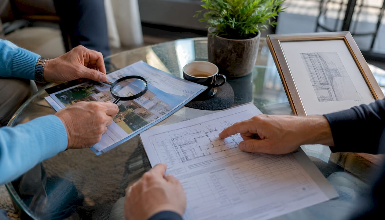 Close-up of hands examining property documents