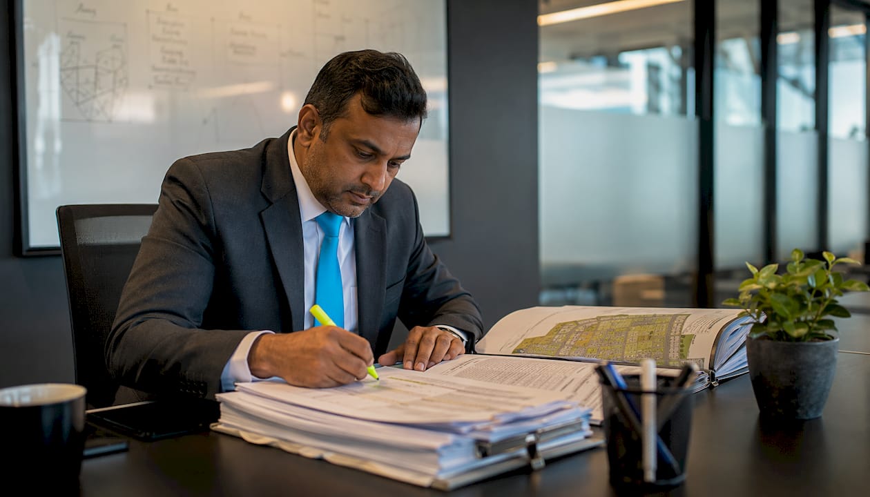 Lender examining construction financing documents