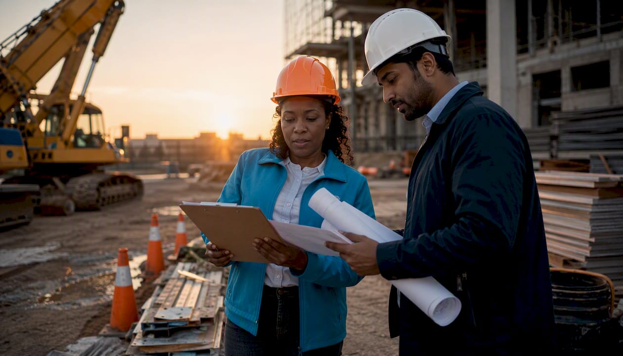 Professionals discussing multiplex construction site