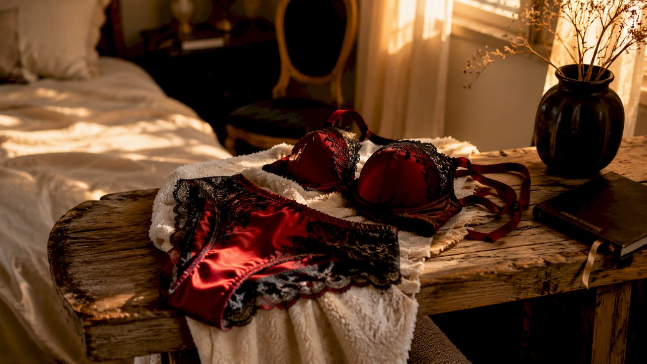 Silk and satin lingerie set overhead view
