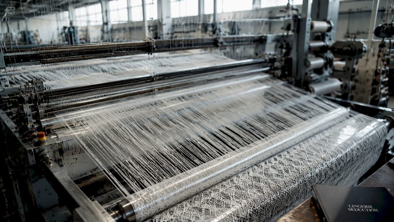 Close-up of synthetic fibers spinning machinery