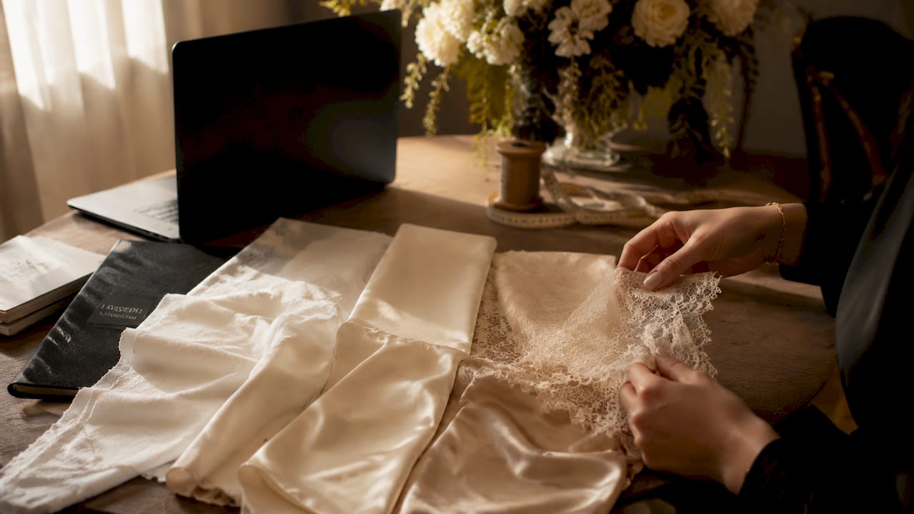 Close-up of lingerie fabrics on table