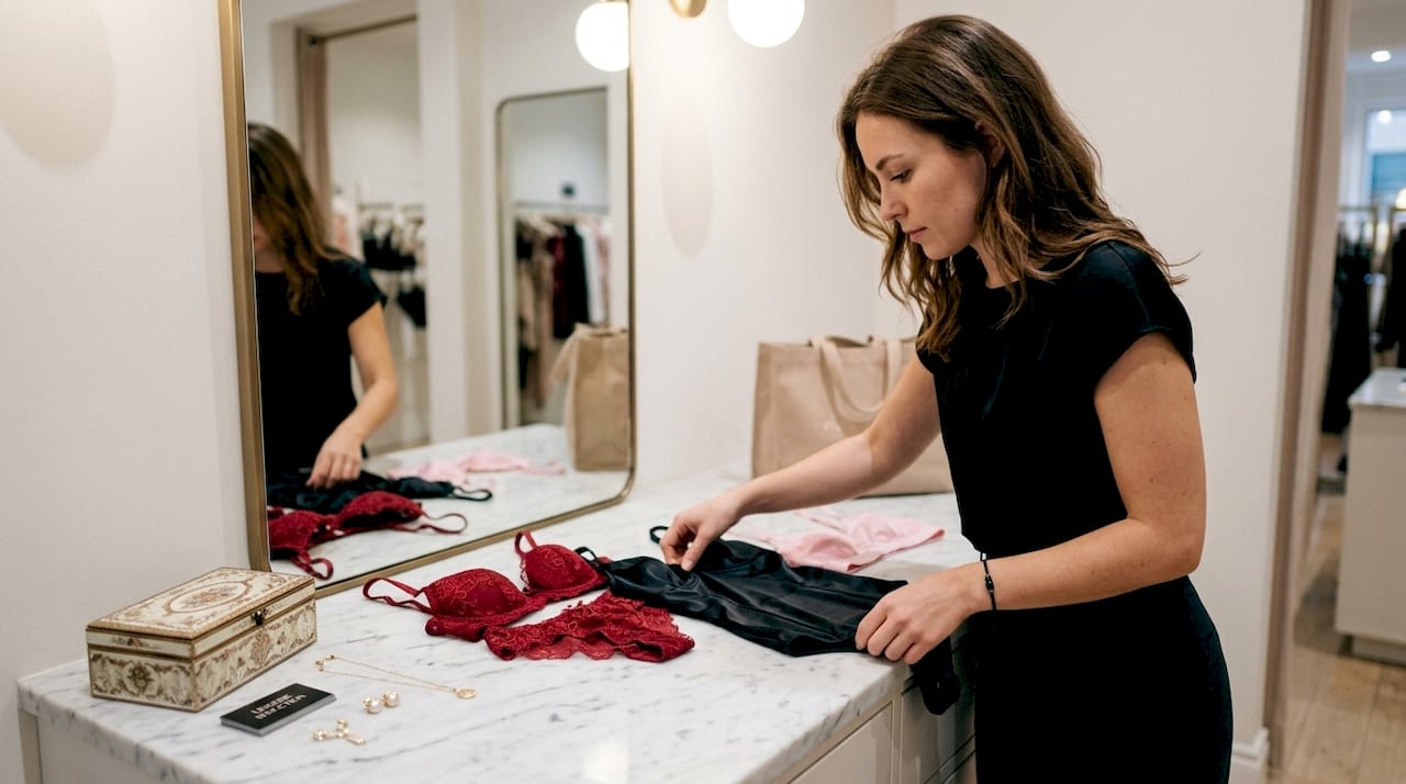 Hands arranging lingerie options on table