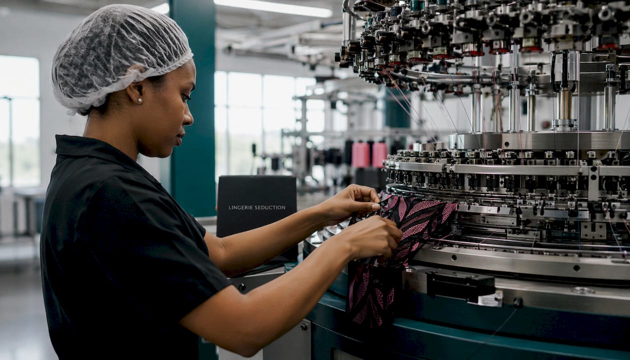 Hands operating seamless lingerie knitting machine