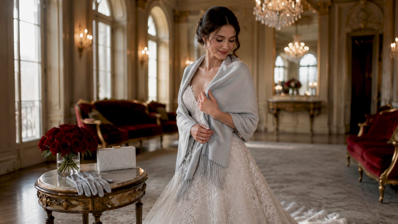 Bride adjusting winter bridal wrap indoors
