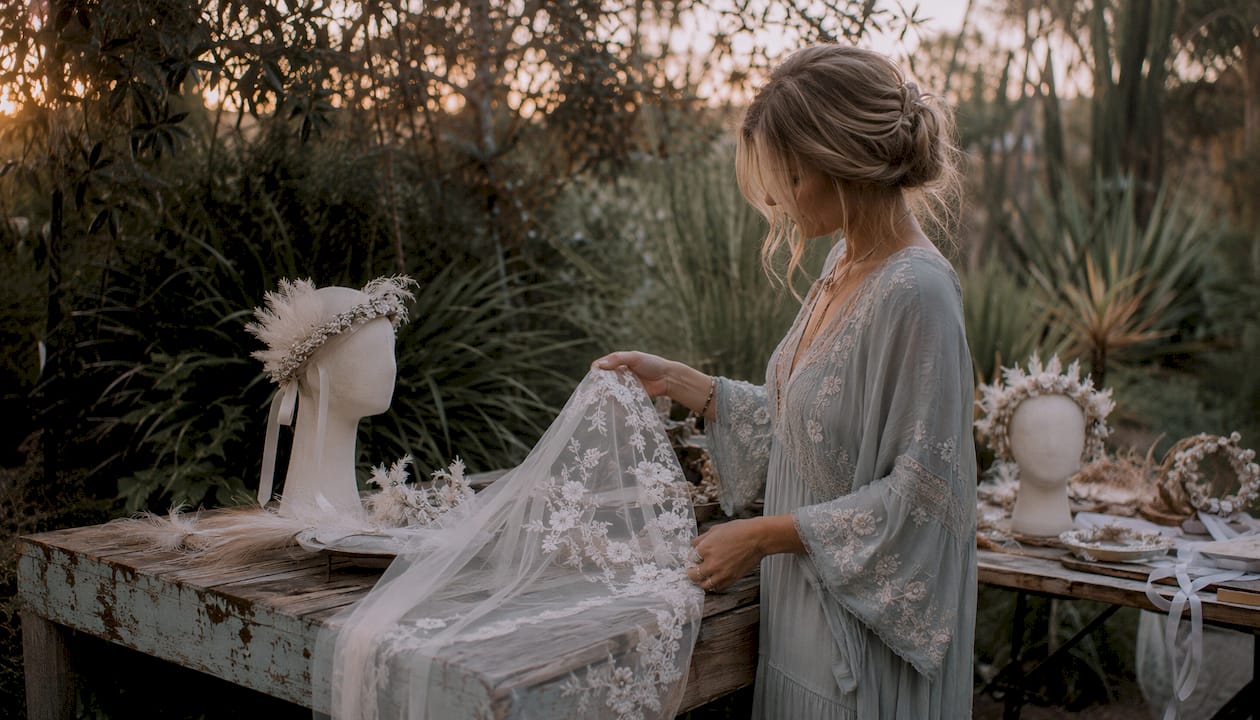 Outdoor boho bridal headpieces and veils display