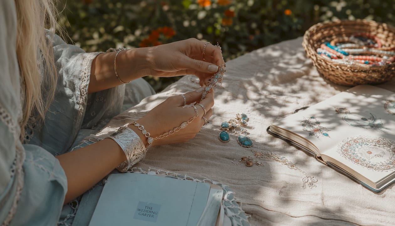 Overhead view of hands arranging boho bridal jewellery
