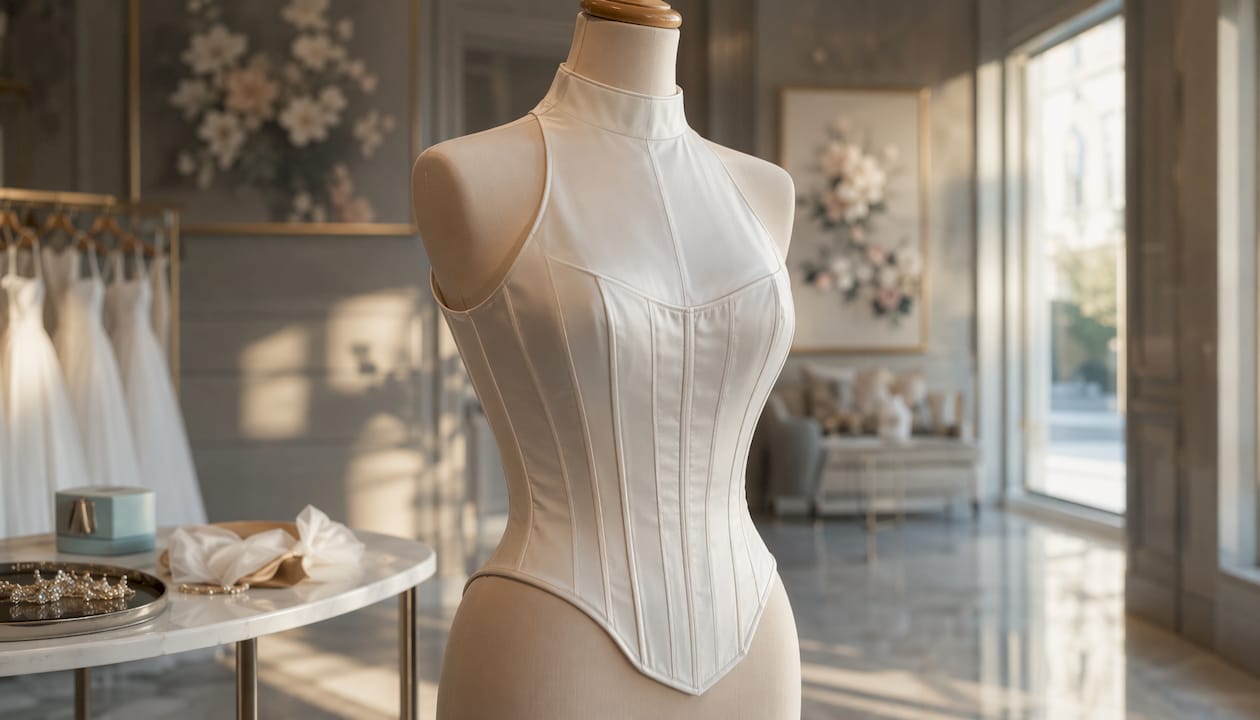 Bridal corset with sweetheart neckline on mannequin