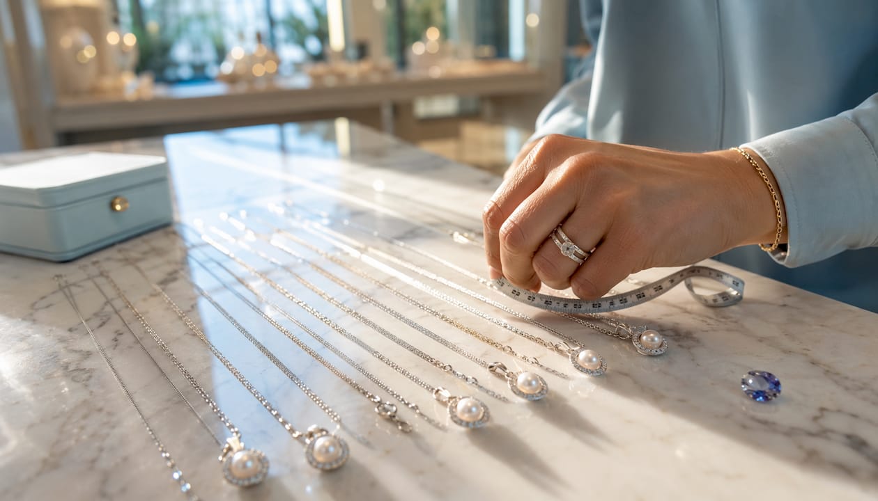 Hand measuring necklace lengths at home