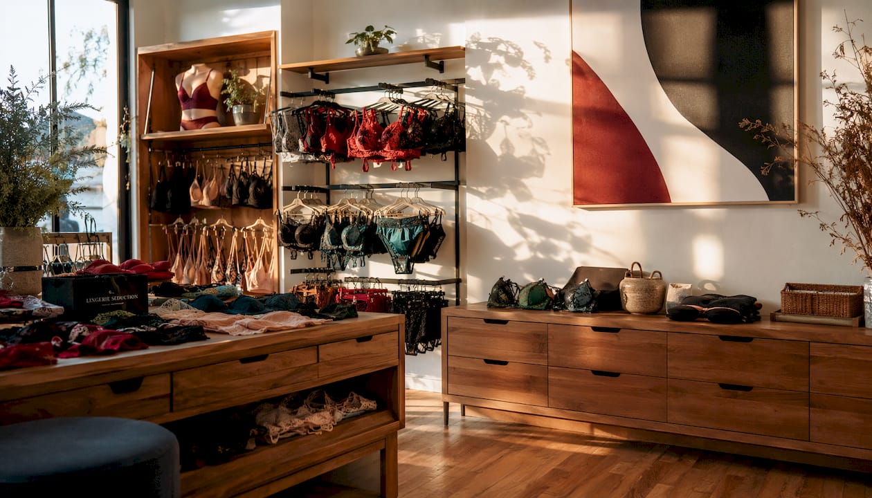 Boutique lingerie display showcasing sizes and fabrics