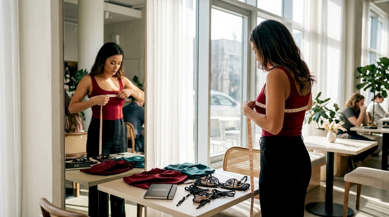 Woman measuring bust with tape in bedroom