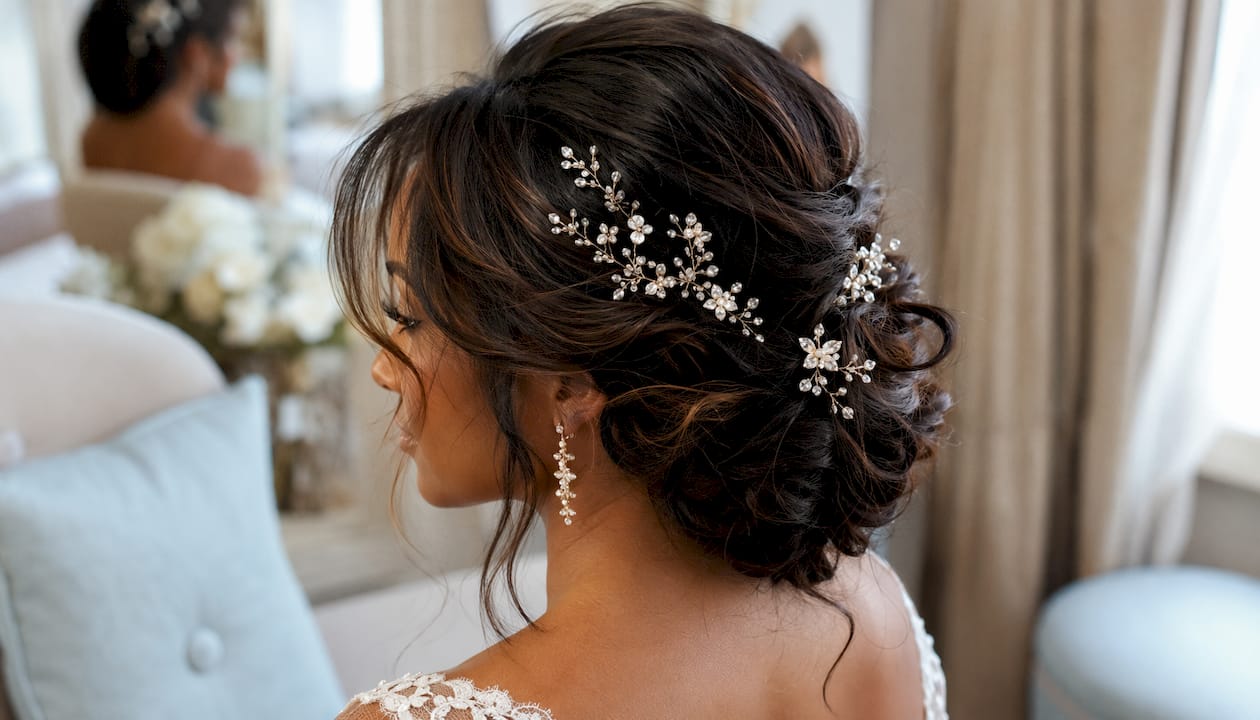 Close-up of pearl and shell bridal hairpins