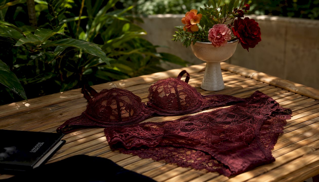 Vintage high-waisted lingerie set on dresser