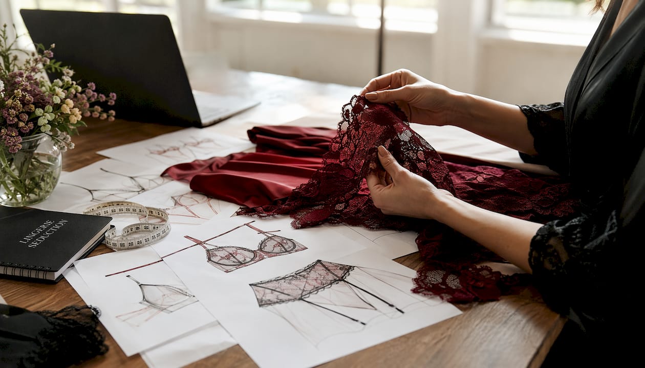 Hands selecting satin and lace fabric samples
