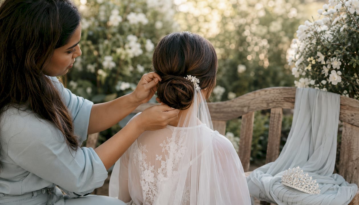 Hairstylist preparing bridal low chignon for tiara