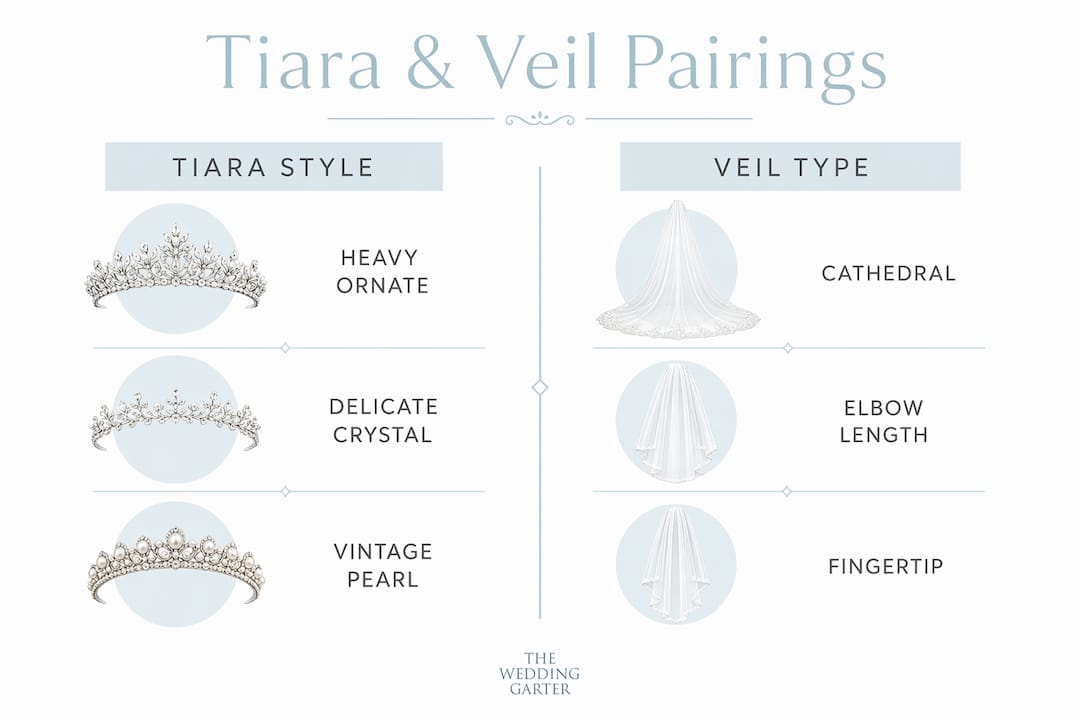 Infographic showing tiara styles paired with veil types