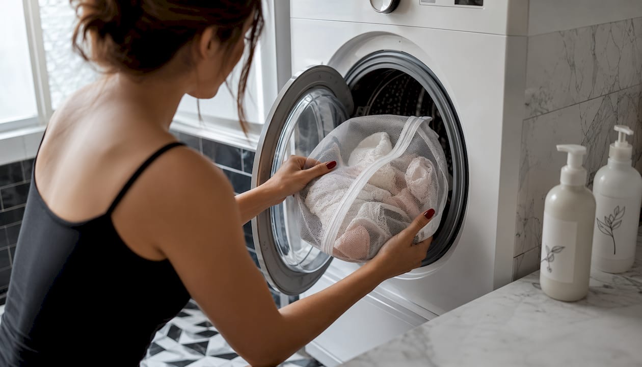 Hands placing lingerie in mesh bag for machine wash