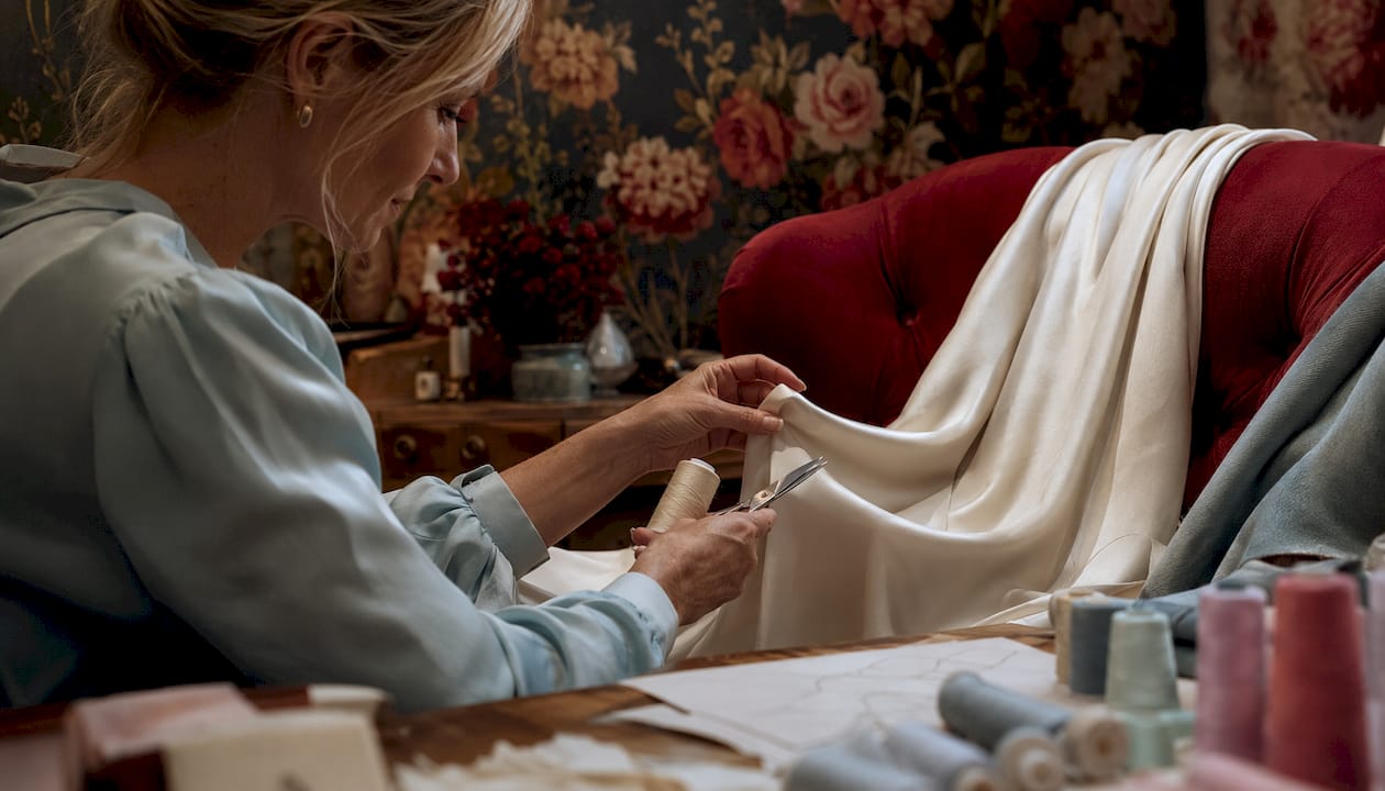 Seamstress inspecting premium silk fabric
