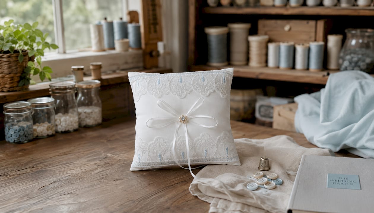 Ivory lace and satin ring bearer pillow on chair
