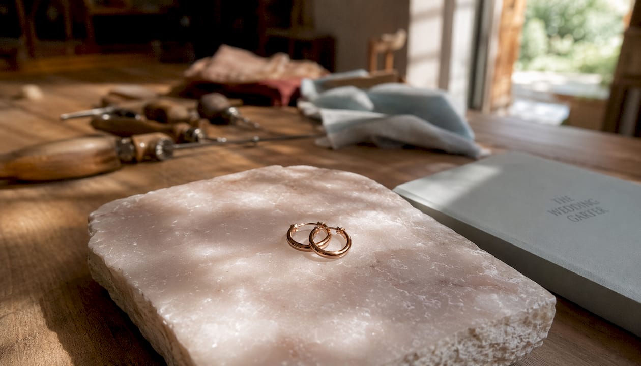 Close-up of gold hoop earrings on marble slab
