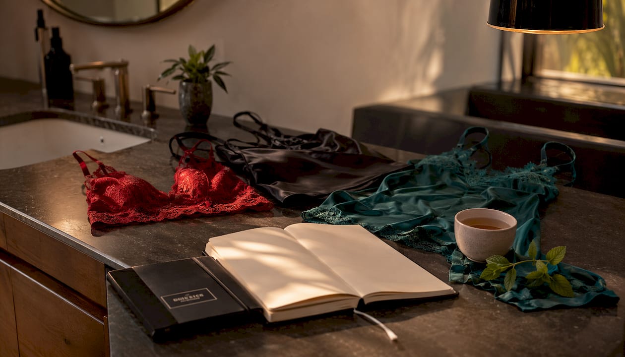 Flat lay of lingerie pieces and journal on vanity