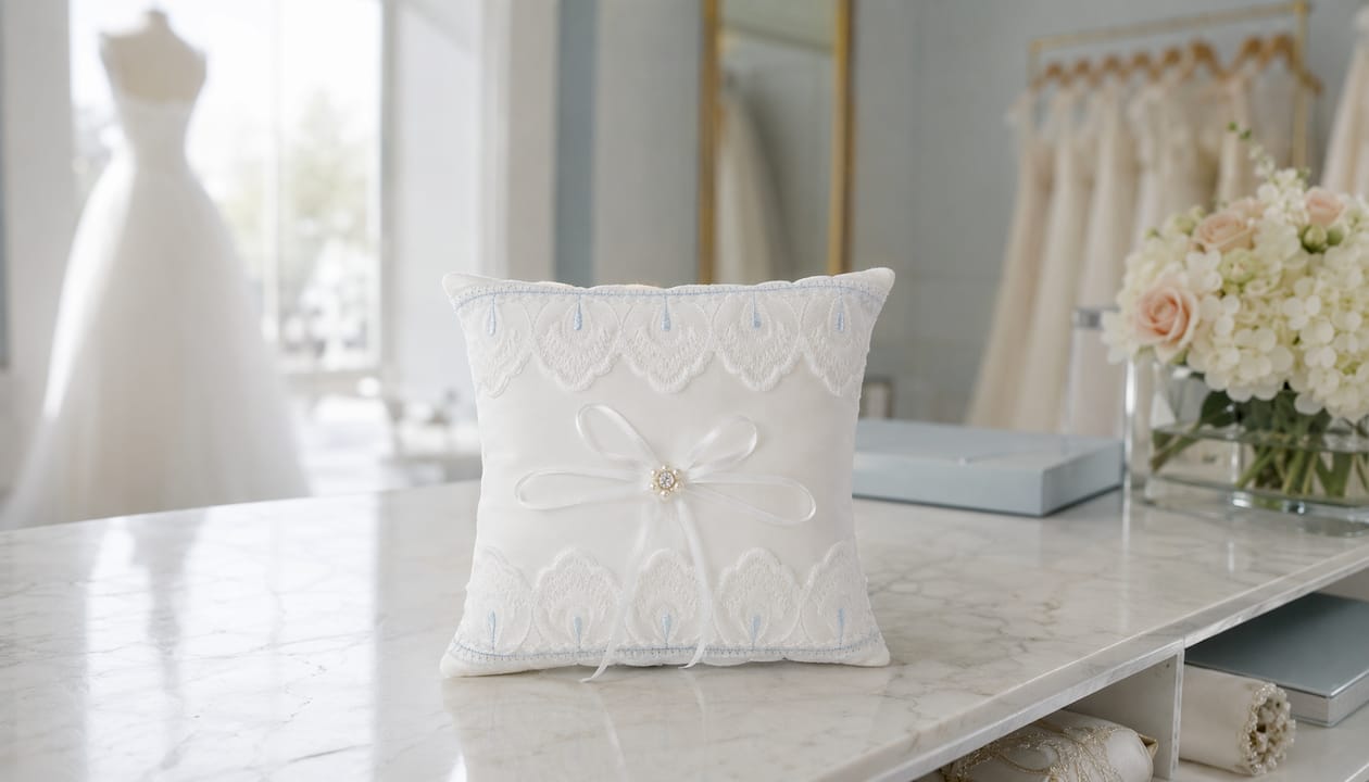 Close-up of traditional square ring bearer pillow on table