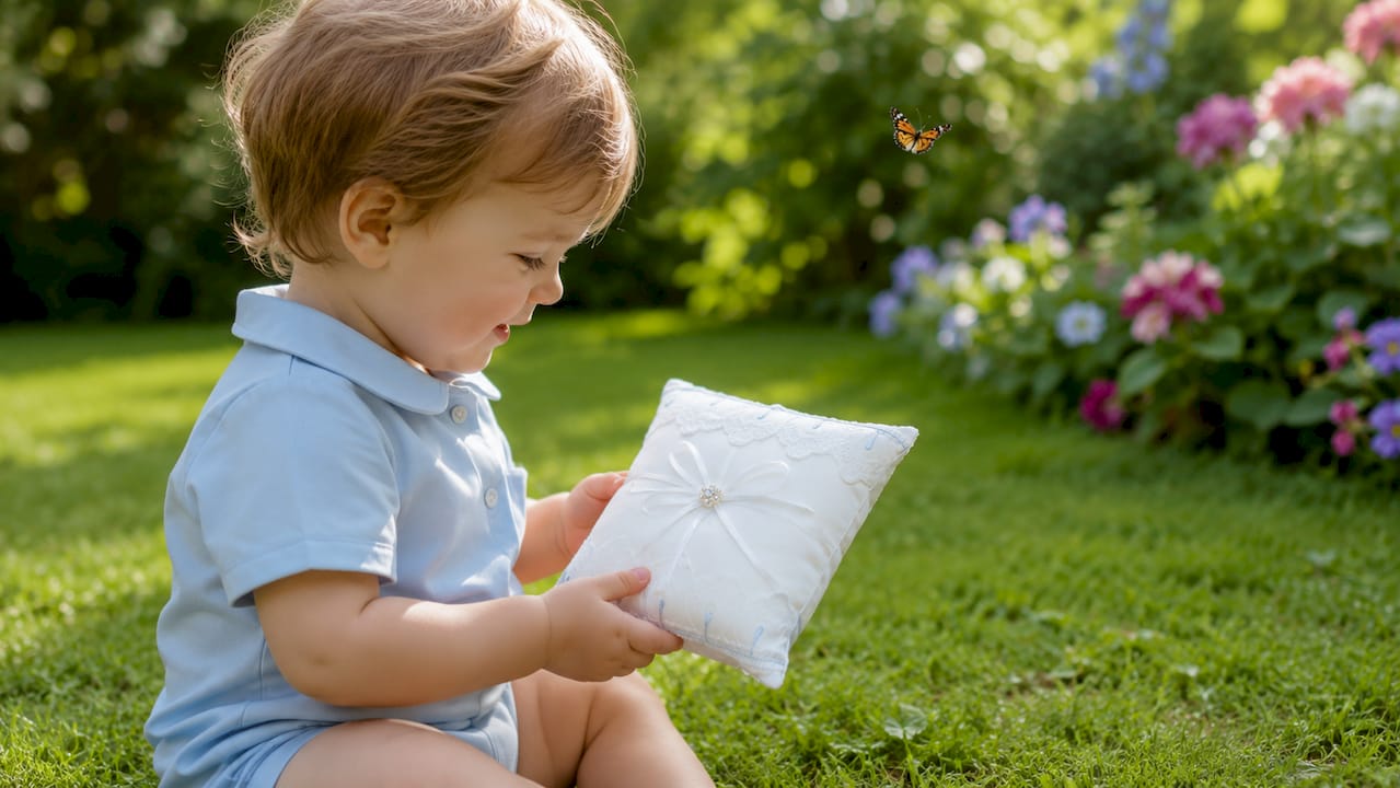 Toddler holding small ring bearer pillow indoors