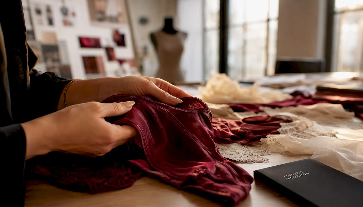 Close-up of hands touching lingerie fabric samples