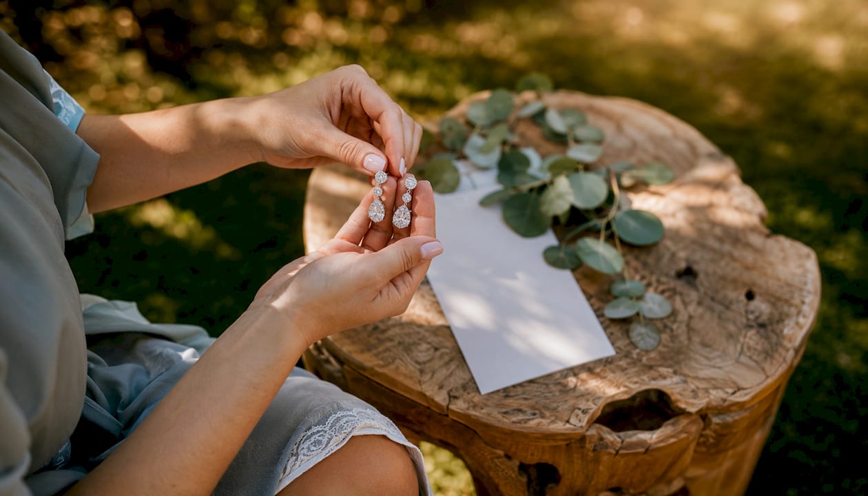 Bridal hands holding silver CZ earrings outdoors