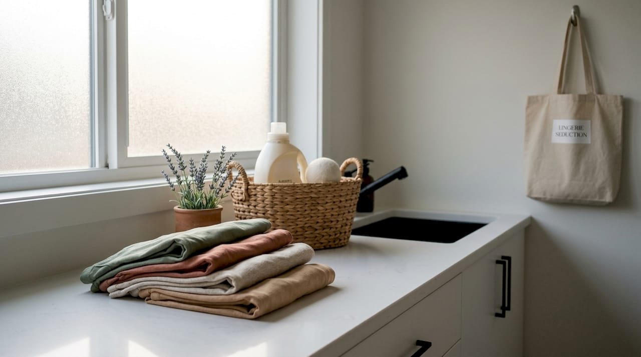 Cotton lingerie on marble bathroom counter with skincare