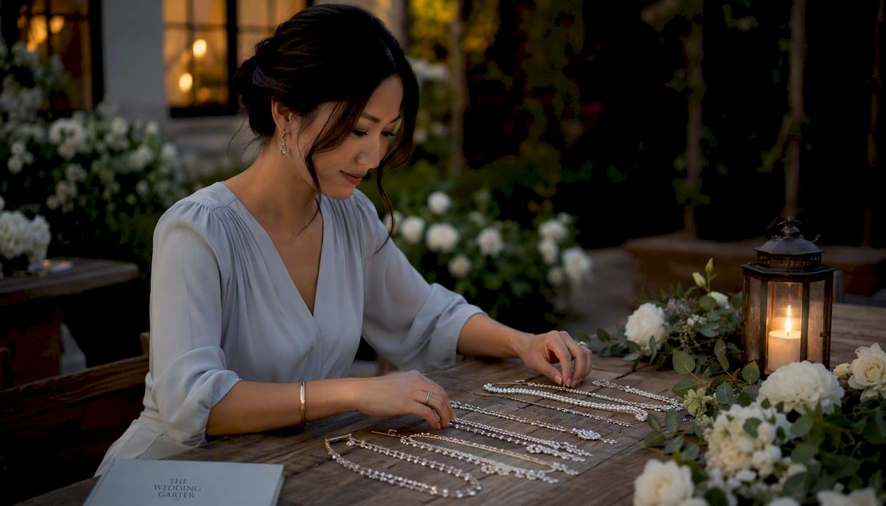 Hands arranging bridal necklaces by length on marble counter