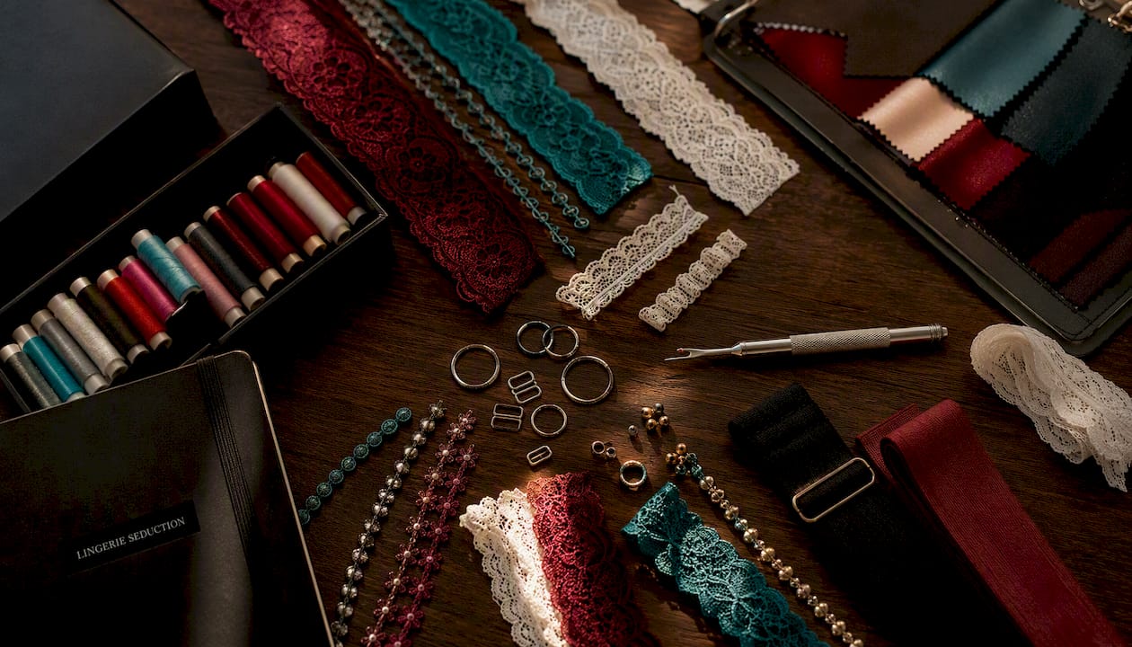 Flat lay of lingerie strap materials and hardware components