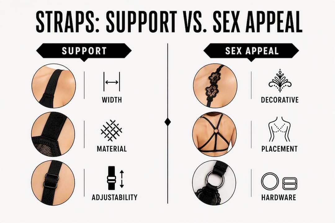 Infographic illustrating lingerie strap support versus sex appeal