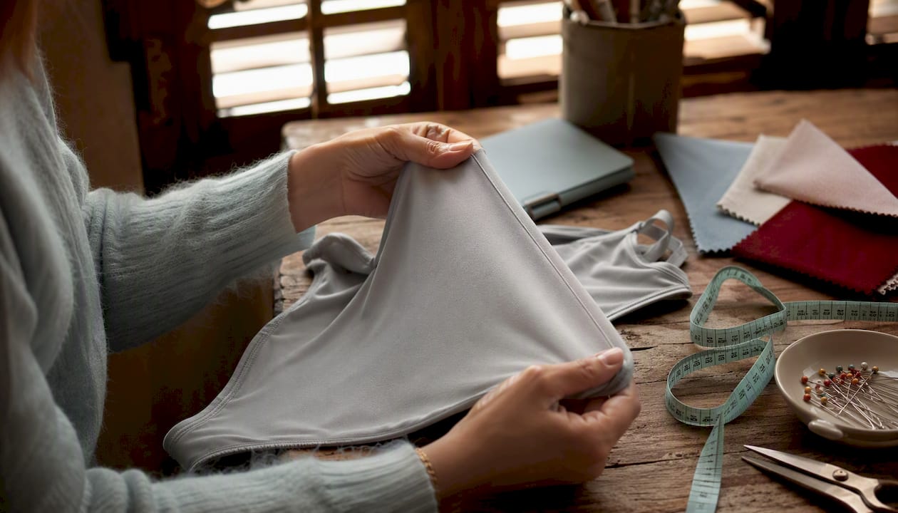 Close-up of hands stretching bodysuit fabric