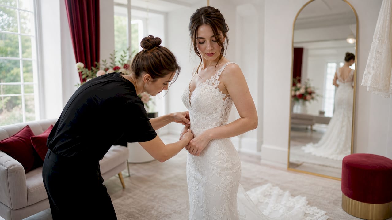 Close-up of seamstress adjusting shapewear under gown
