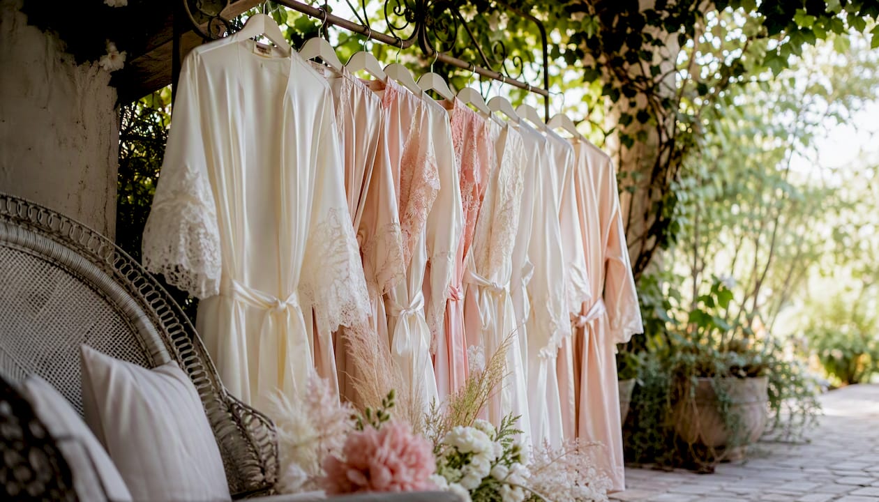 Bridal robes in white, blush and blue hues hanging