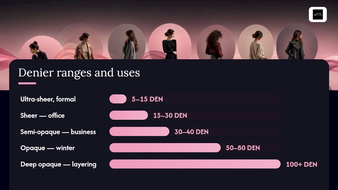 Diagram comparing denier ranges, finishes, and best uses