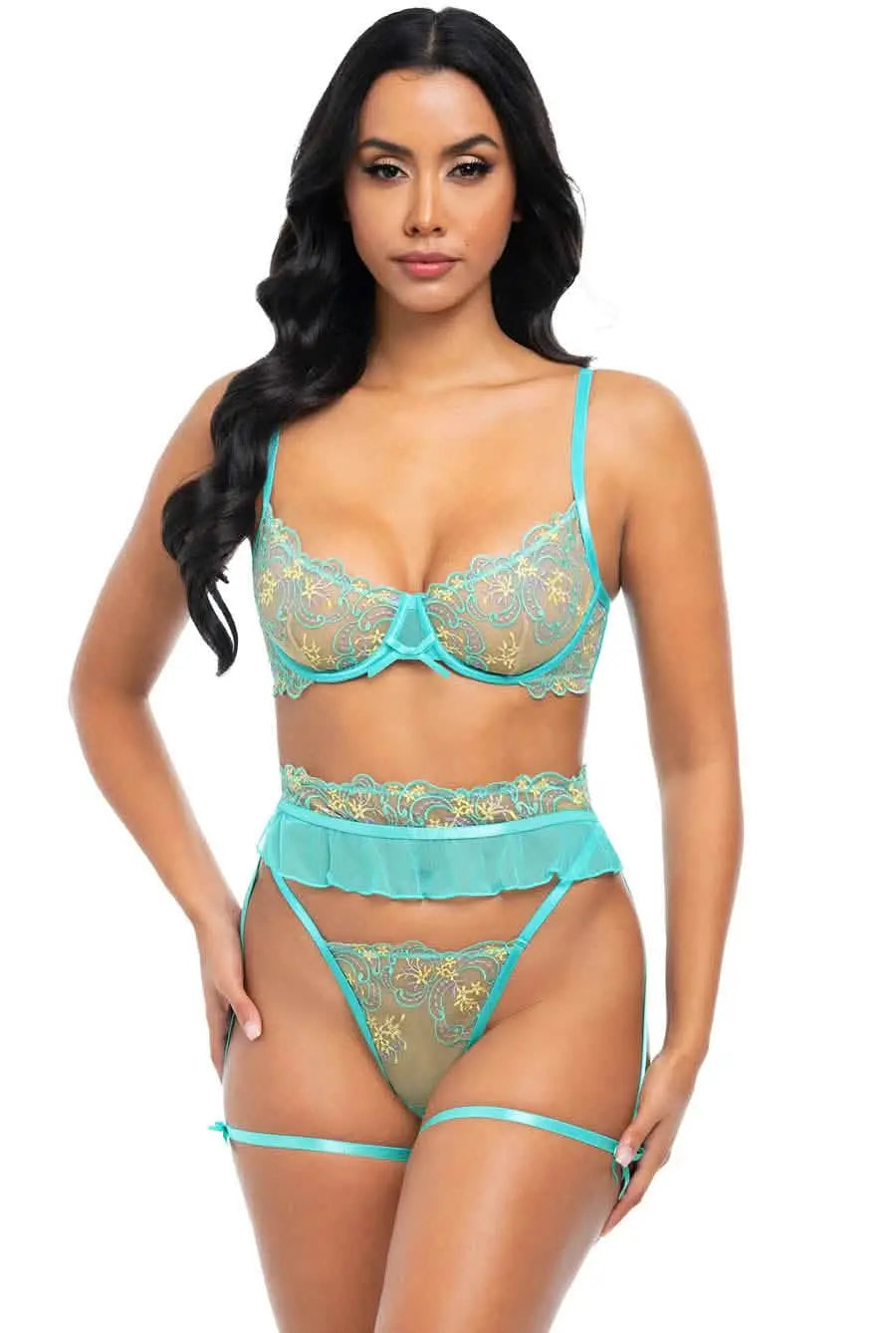 Aqua Bloosom Lace Bra Lingerie Set