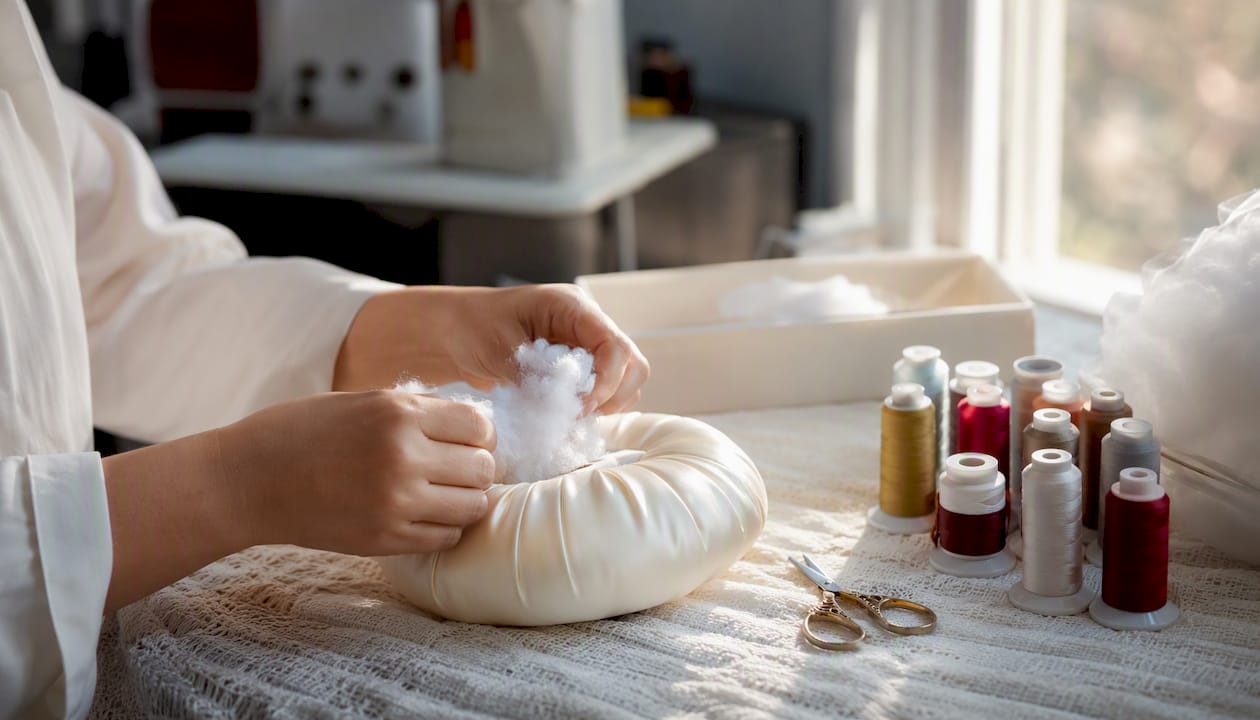 Hands stuffing fibrefill into satin ring pillow corner