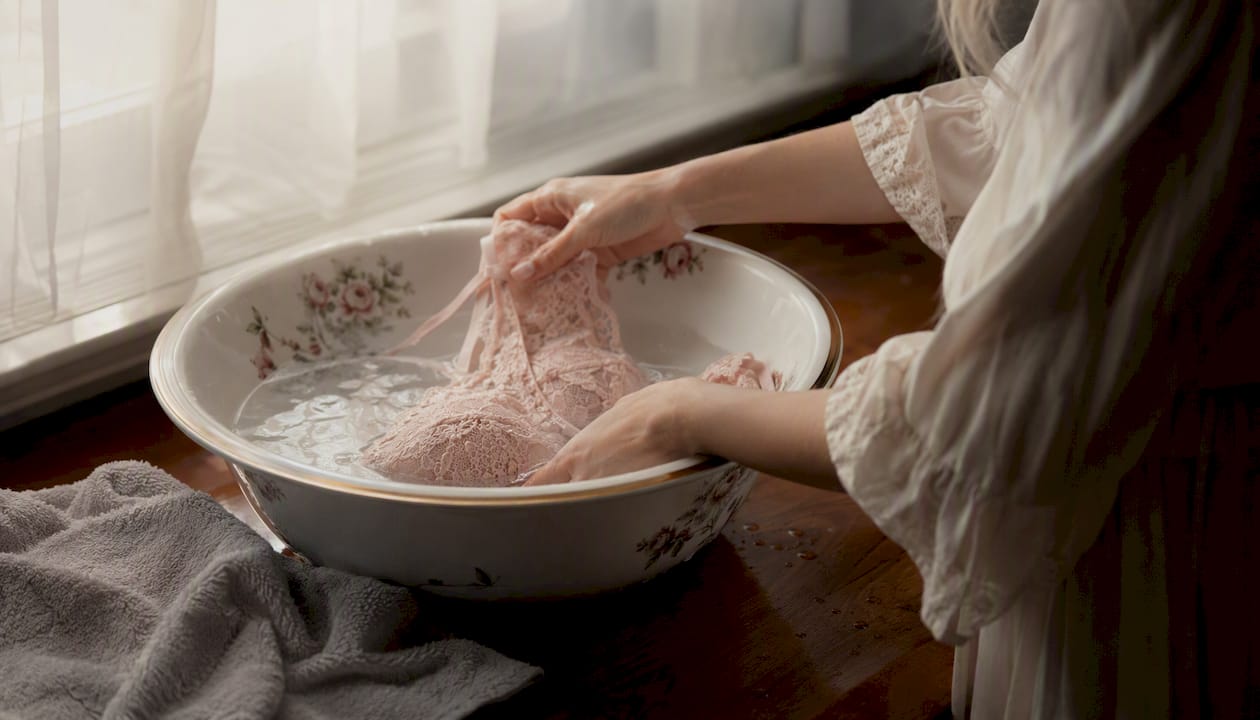 Hands hand washing delicate lingerie in basin