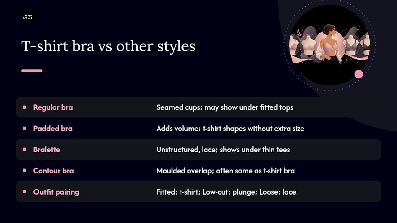 How a t-shirt bra differs from other common bra styles — overview diagram